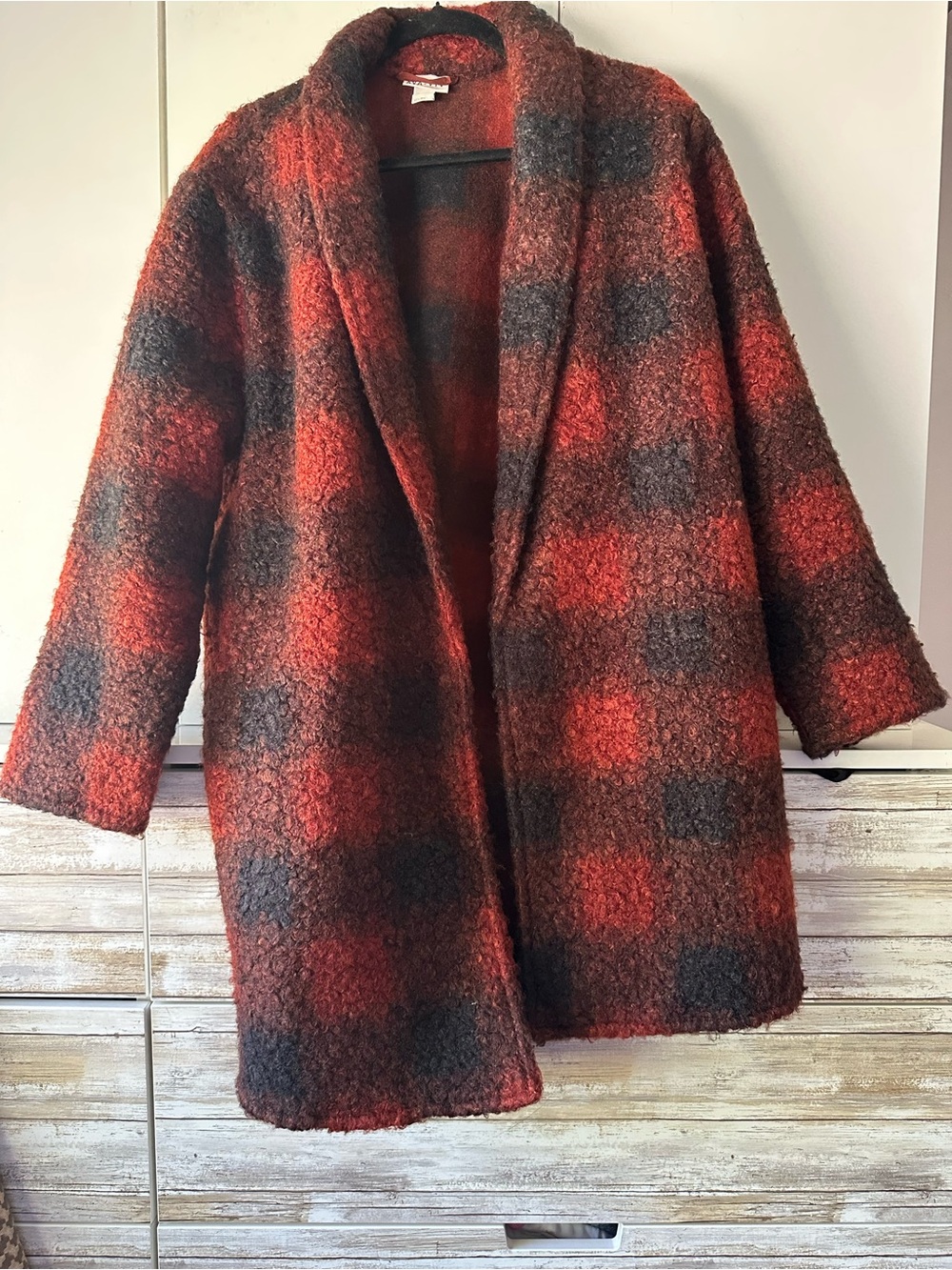🧥 Ava & Viv 1X Buffalo Plaid Bouclé Open Front Long Coat Cardigan